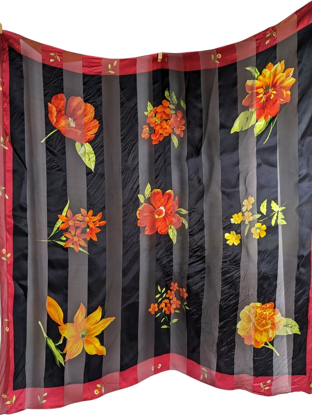 Talbots Vintage Silk Scarf, Floral Satin Stripe, Black Red Orange, 35"x35",Japan